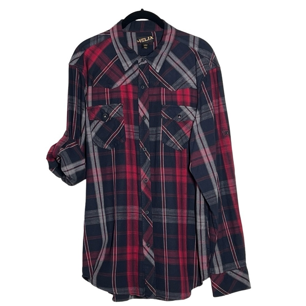 HELIX Western Red Black Plaid Long Sleeve Button Down Men's Shirt Size L - Picture 11 of 16
